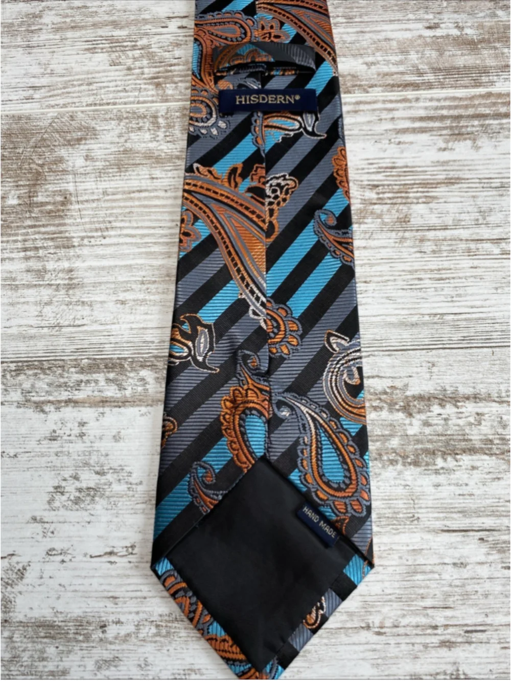 HISDERN Silk Necktie Teal Orange Blue Paisley Striped Modern Mens Tie 60